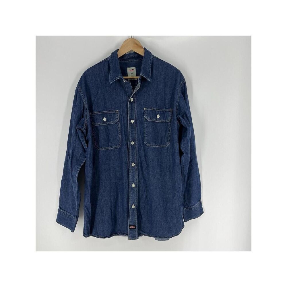 Dickies Shirt Size XL Mens Blue Dark Denim Button Down Long Sleeve Workwear